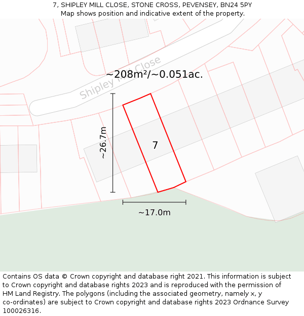 7, SHIPLEY MILL CLOSE, STONE CROSS, PEVENSEY, BN24 5PY: Plot and title map