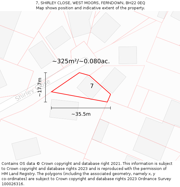 7, SHIRLEY CLOSE, WEST MOORS, FERNDOWN, BH22 0EQ: Plot and title map