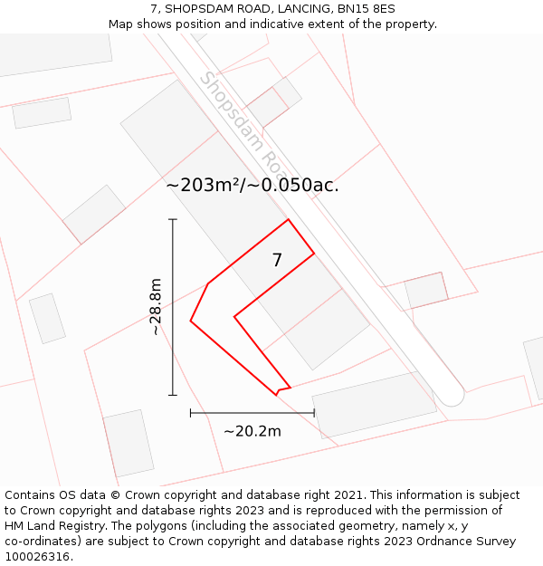 7, SHOPSDAM ROAD, LANCING, BN15 8ES: Plot and title map