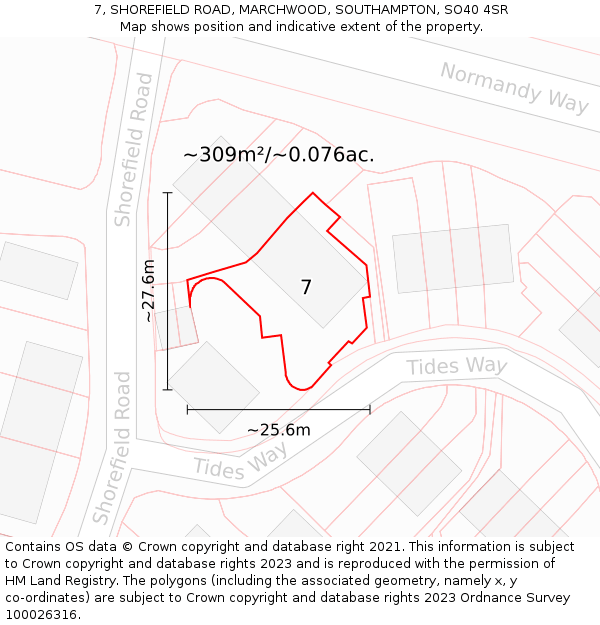 7, SHOREFIELD ROAD, MARCHWOOD, SOUTHAMPTON, SO40 4SR: Plot and title map