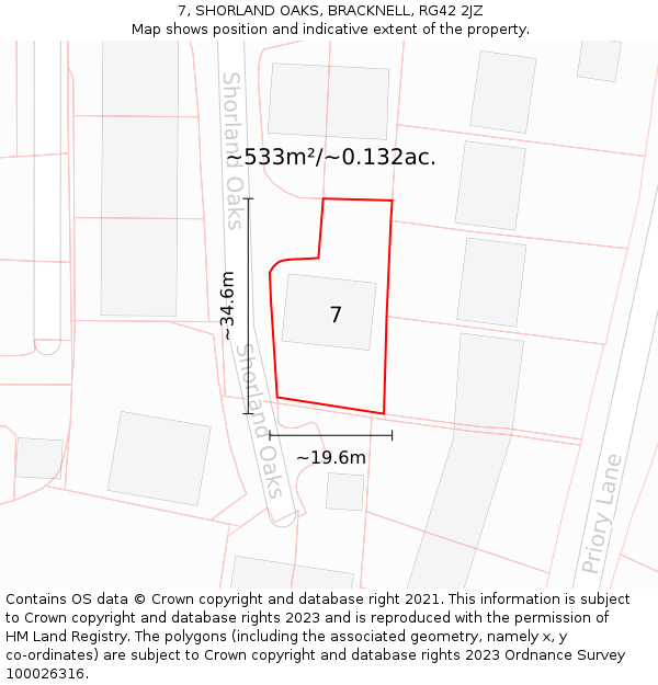 7, SHORLAND OAKS, BRACKNELL, RG42 2JZ: Plot and title map