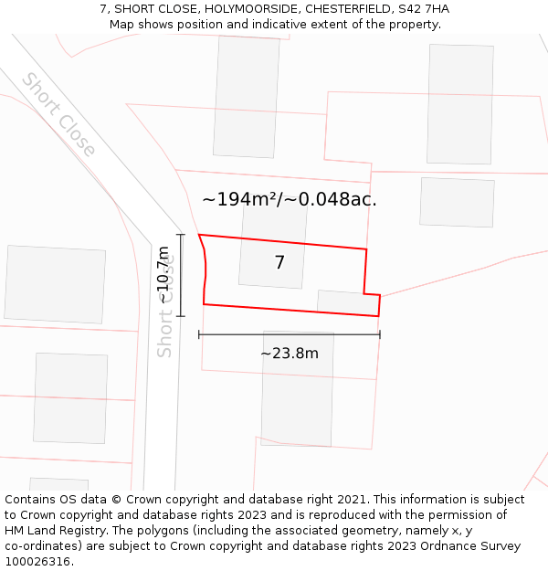 7, SHORT CLOSE, HOLYMOORSIDE, CHESTERFIELD, S42 7HA: Plot and title map