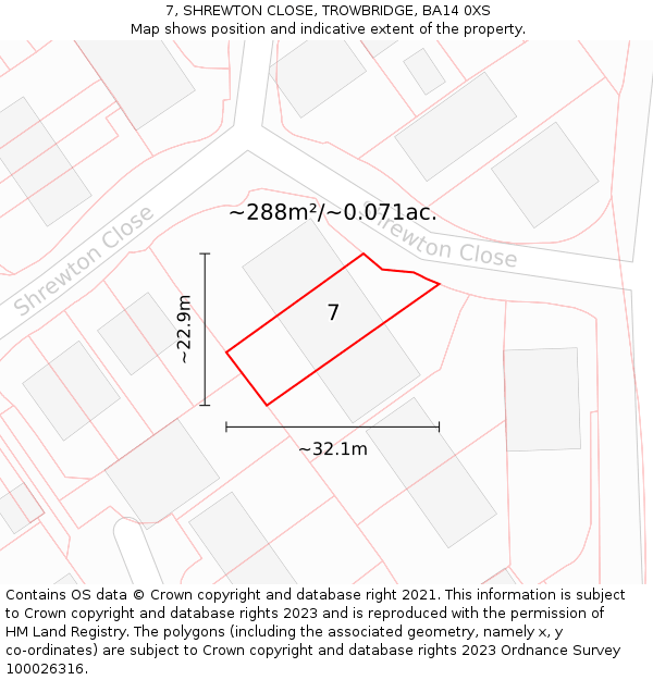 7, SHREWTON CLOSE, TROWBRIDGE, BA14 0XS: Plot and title map