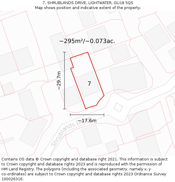 7, SHRUBLANDS DRIVE, LIGHTWATER, GU18 5QS: Plot and title map