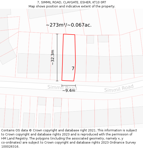 7, SIMMIL ROAD, CLAYGATE, ESHER, KT10 0RT: Plot and title map