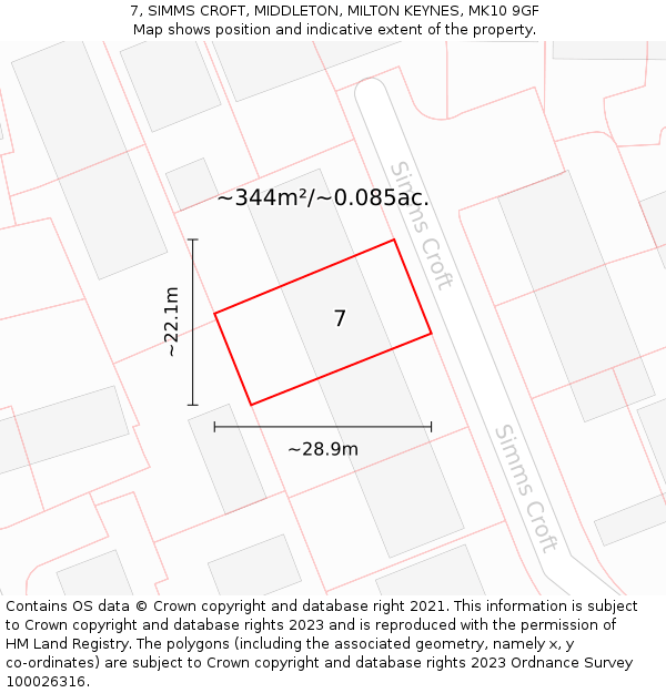 7, SIMMS CROFT, MIDDLETON, MILTON KEYNES, MK10 9GF: Plot and title map