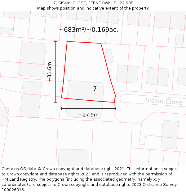 7, SISKIN CLOSE, FERNDOWN, BH22 9RB: Plot and title map