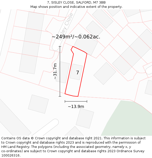 7, SISLEY CLOSE, SALFORD, M7 3BB: Plot and title map