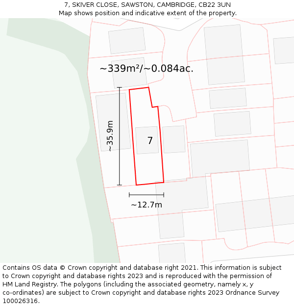 7, SKIVER CLOSE, SAWSTON, CAMBRIDGE, CB22 3UN: Plot and title map