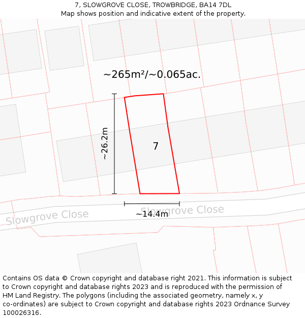 7, SLOWGROVE CLOSE, TROWBRIDGE, BA14 7DL: Plot and title map