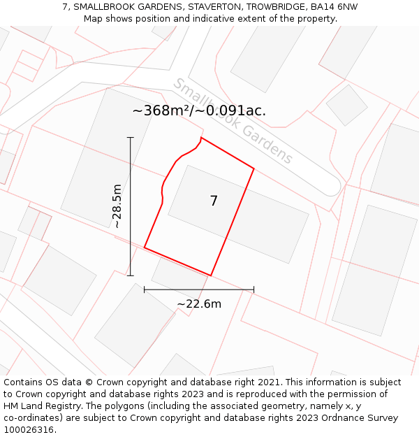 7, SMALLBROOK GARDENS, STAVERTON, TROWBRIDGE, BA14 6NW: Plot and title map
