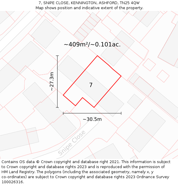 7, SNIPE CLOSE, KENNINGTON, ASHFORD, TN25 4QW: Plot and title map