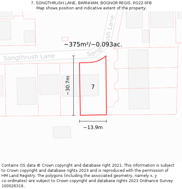 7, SONGTHRUSH LANE, BARNHAM, BOGNOR REGIS, PO22 0FB: Plot and title map