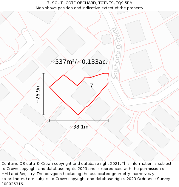 7, SOUTHCOTE ORCHARD, TOTNES, TQ9 5PA: Plot and title map