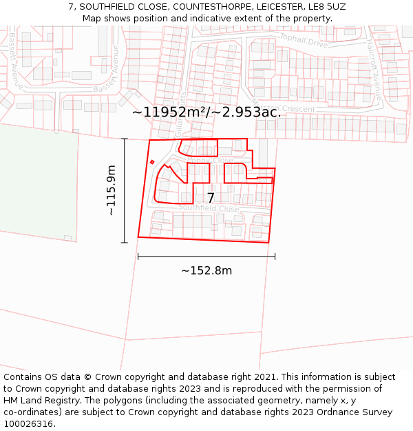 7, SOUTHFIELD CLOSE, COUNTESTHORPE, LEICESTER, LE8 5UZ: Plot and title map