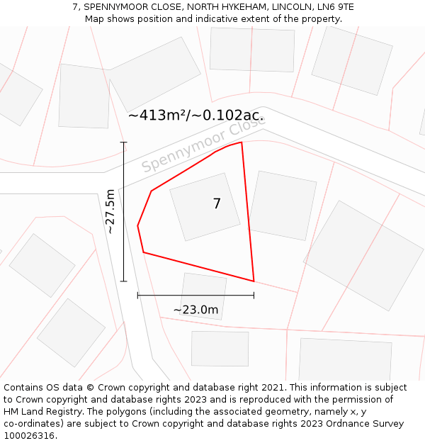 7, SPENNYMOOR CLOSE, NORTH HYKEHAM, LINCOLN, LN6 9TE: Plot and title map