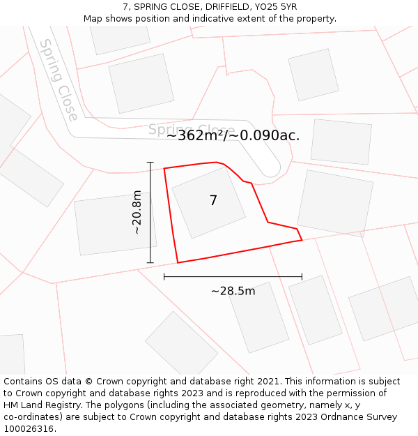 7, SPRING CLOSE, DRIFFIELD, YO25 5YR: Plot and title map