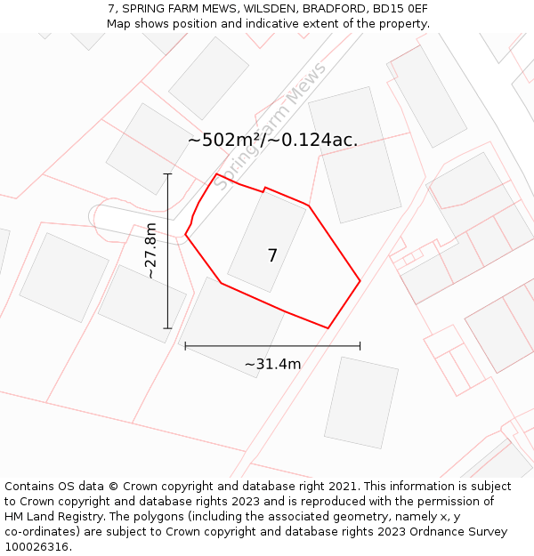 7, SPRING FARM MEWS, WILSDEN, BRADFORD, BD15 0EF: Plot and title map