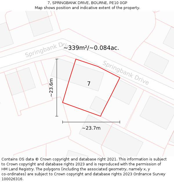 7, SPRINGBANK DRIVE, BOURNE, PE10 0GP: Plot and title map