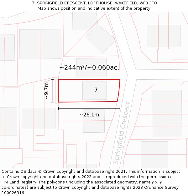 7, SPRINGFIELD CRESCENT, LOFTHOUSE, WAKEFIELD, WF3 3FQ: Plot and title map