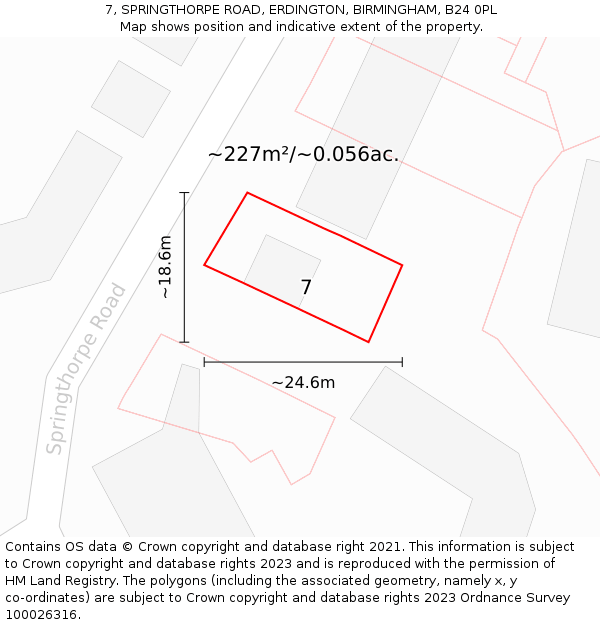 7, SPRINGTHORPE ROAD, ERDINGTON, BIRMINGHAM, B24 0PL: Plot and title map