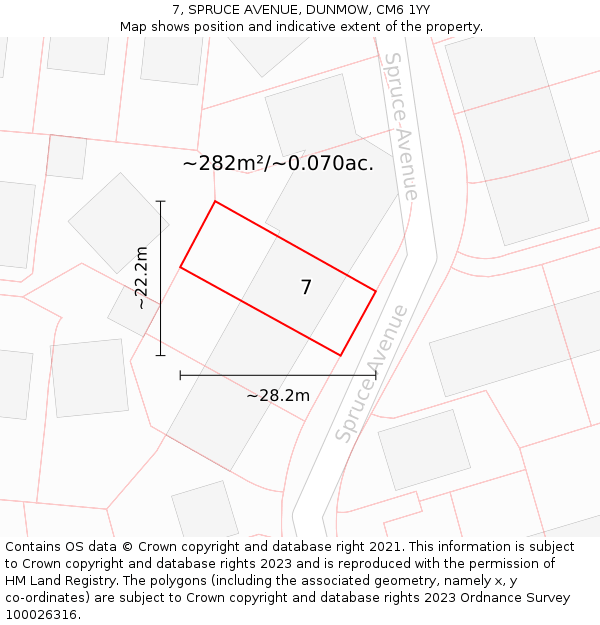 7, SPRUCE AVENUE, DUNMOW, CM6 1YY: Plot and title map