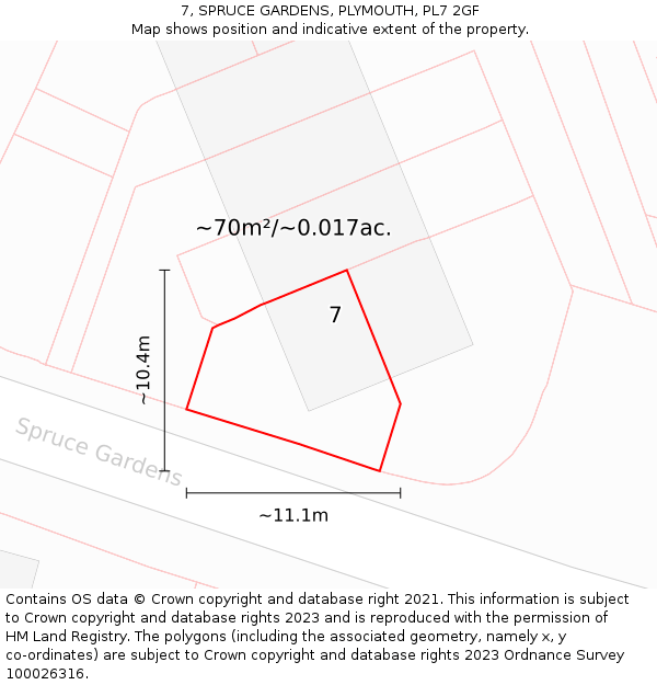 7, SPRUCE GARDENS, PLYMOUTH, PL7 2GF: Plot and title map