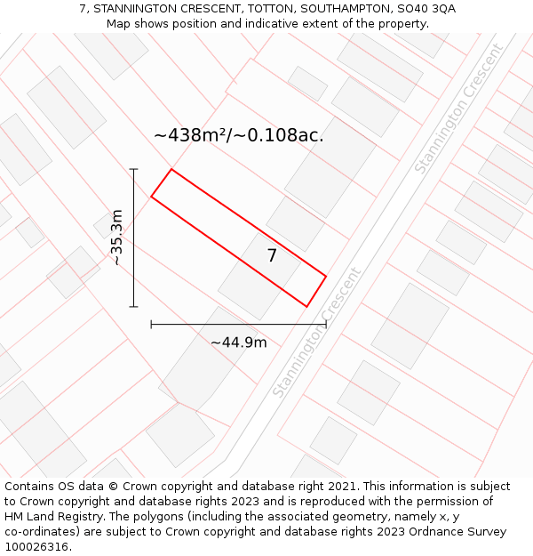 7, STANNINGTON CRESCENT, TOTTON, SOUTHAMPTON, SO40 3QA: Plot and title map