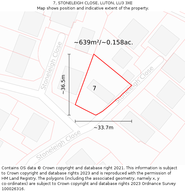 7, STONELEIGH CLOSE, LUTON, LU3 3XE: Plot and title map