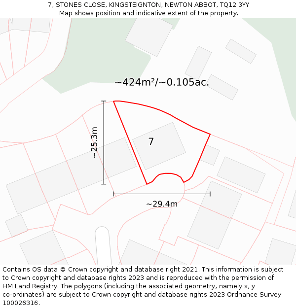 7, STONES CLOSE, KINGSTEIGNTON, NEWTON ABBOT, TQ12 3YY: Plot and title map