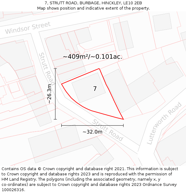 7, STRUTT ROAD, BURBAGE, HINCKLEY, LE10 2EB: Plot and title map