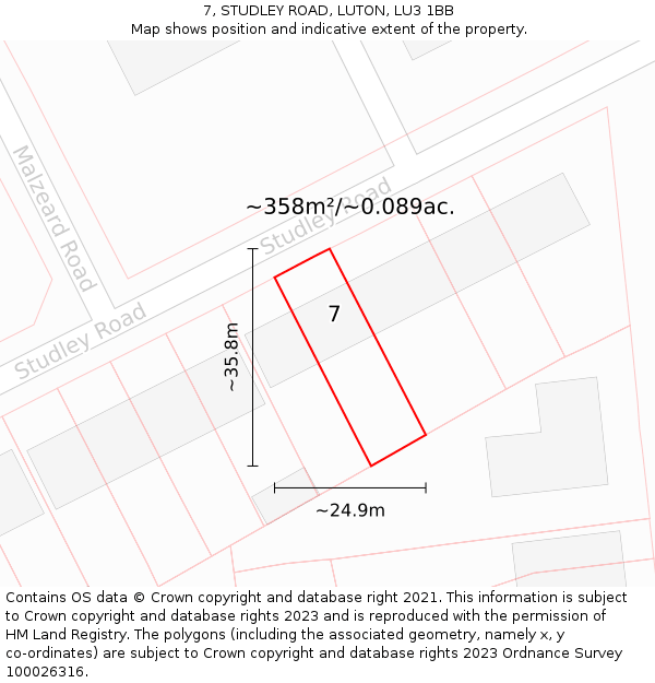 7, STUDLEY ROAD, LUTON, LU3 1BB: Plot and title map