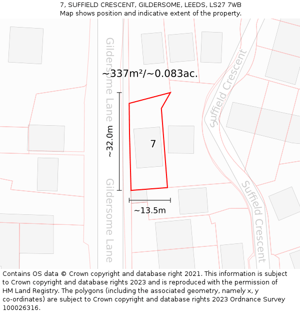 7, SUFFIELD CRESCENT, GILDERSOME, LEEDS, LS27 7WB: Plot and title map