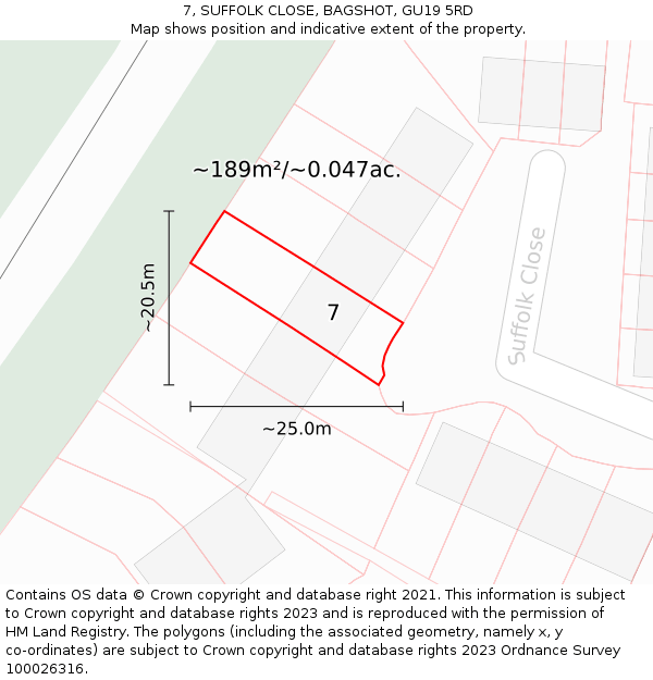 7, SUFFOLK CLOSE, BAGSHOT, GU19 5RD: Plot and title map