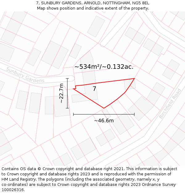 7, SUNBURY GARDENS, ARNOLD, NOTTINGHAM, NG5 8EL: Plot and title map