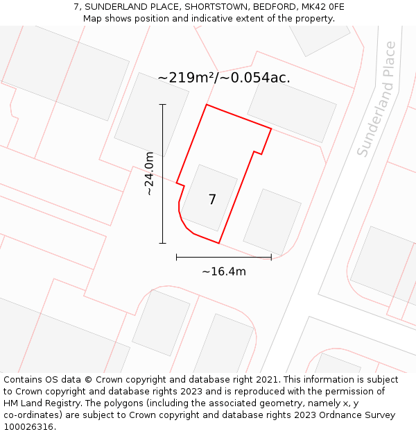 7, SUNDERLAND PLACE, SHORTSTOWN, BEDFORD, MK42 0FE: Plot and title map