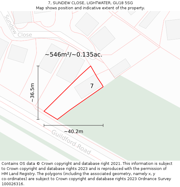 7, SUNDEW CLOSE, LIGHTWATER, GU18 5SG: Plot and title map