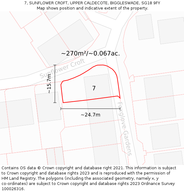 7, SUNFLOWER CROFT, UPPER CALDECOTE, BIGGLESWADE, SG18 9FY: Plot and title map