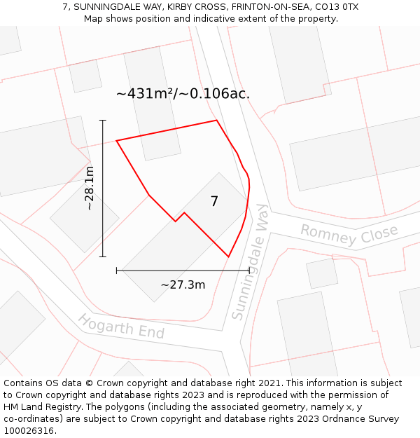 7, SUNNINGDALE WAY, KIRBY CROSS, FRINTON-ON-SEA, CO13 0TX: Plot and title map