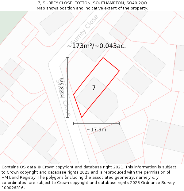 7, SURREY CLOSE, TOTTON, SOUTHAMPTON, SO40 2QQ: Plot and title map