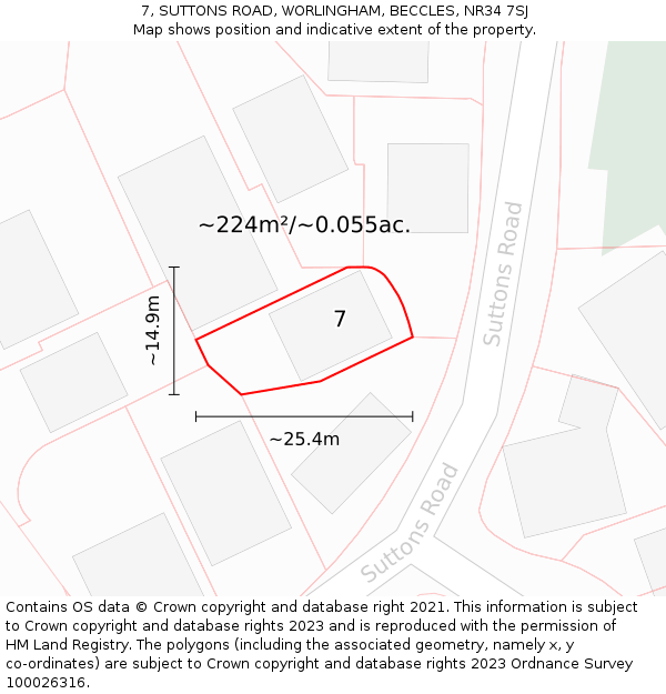 7, SUTTONS ROAD, WORLINGHAM, BECCLES, NR34 7SJ: Plot and title map