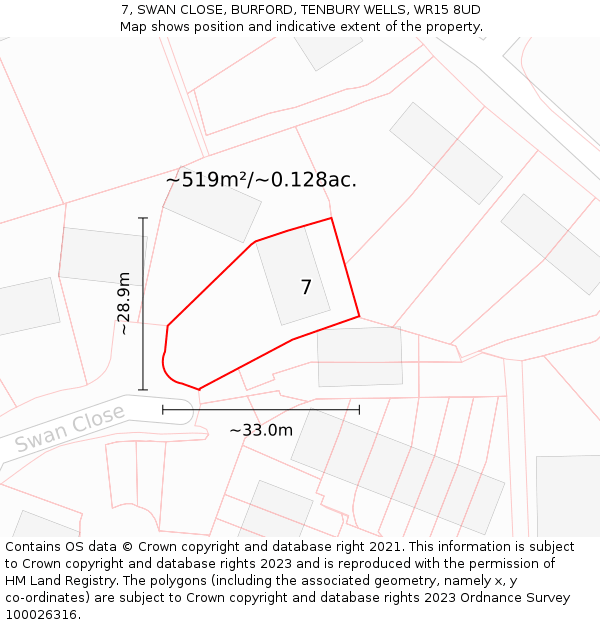 7, SWAN CLOSE, BURFORD, TENBURY WELLS, WR15 8UD: Plot and title map