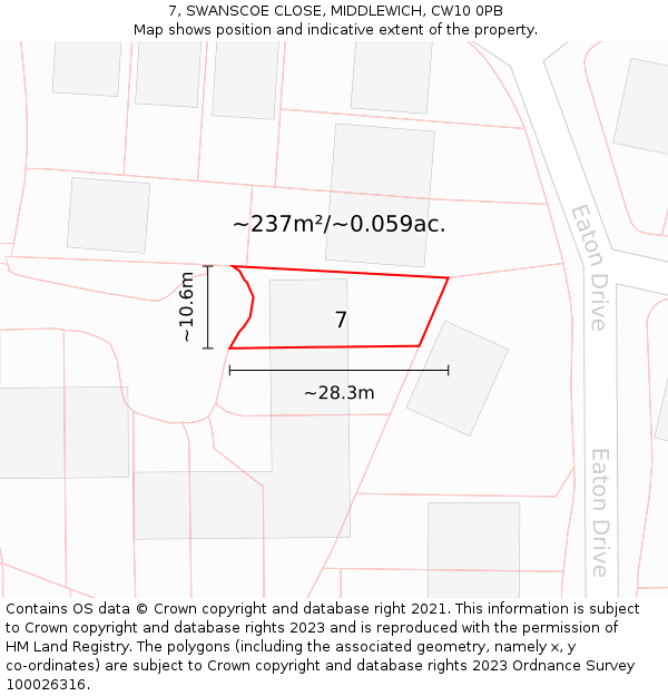 7, SWANSCOE CLOSE, MIDDLEWICH, CW10 0PB: Plot and title map