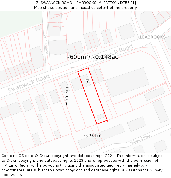 7, SWANWICK ROAD, LEABROOKS, ALFRETON, DE55 1LJ: Plot and title map