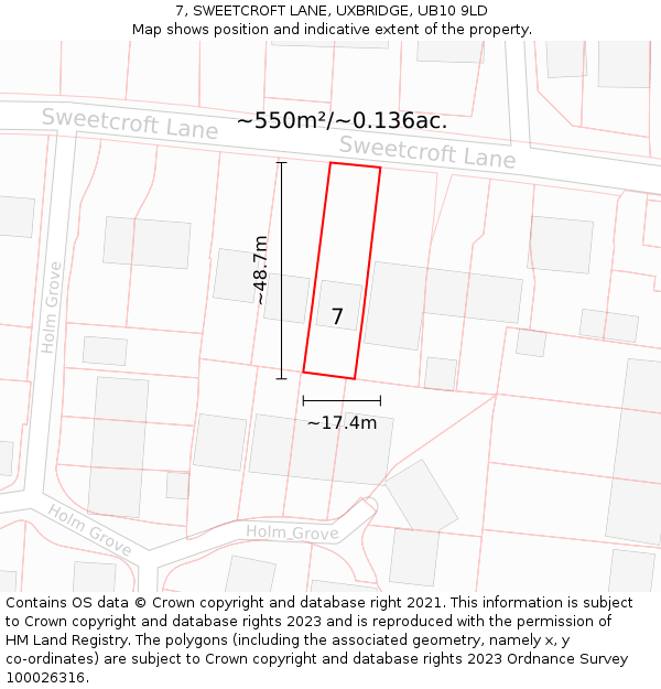 7, SWEETCROFT LANE, UXBRIDGE, UB10 9LD: Plot and title map