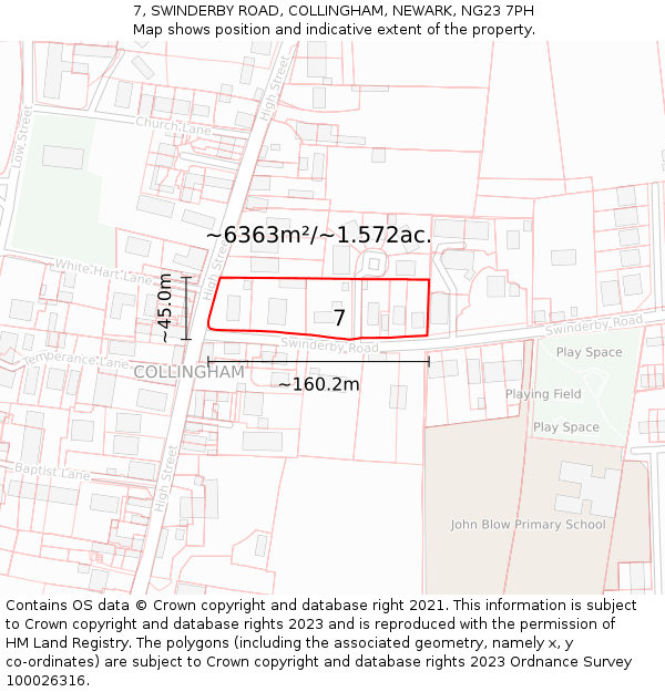 7, SWINDERBY ROAD, COLLINGHAM, NEWARK, NG23 7PH: Plot and title map