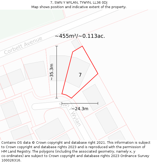 7, SWN Y WYLAN, TYWYN, LL36 0DJ: Plot and title map