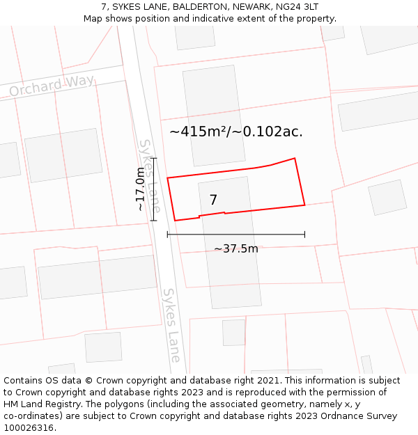 7, SYKES LANE, BALDERTON, NEWARK, NG24 3LT: Plot and title map