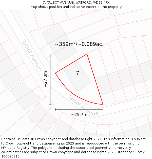 7, TALBOT AVENUE, WATFORD, WD19 4FX: Plot and title map