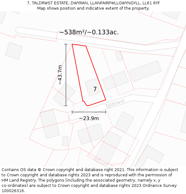 7, TALDRWST ESTATE, DWYRAN, LLANFAIRPWLLGWYNGYLL, LL61 6YF: Plot and title map